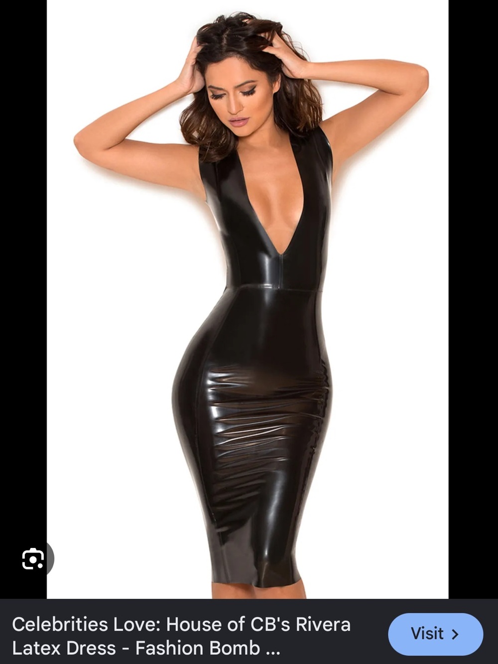 House of CB Black Latex Deep-V Midi Dress Rivera Dress